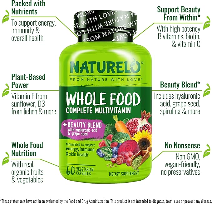 NATURELO Whole Food Multivitamin with Extra Hair Skin &amp Nails Support - Beauty Blend with Hyaluronic Acid &amp Grape Seed - High Potency Biotin Vitamin C &amp Glutathione 60 Vegan Capsules (