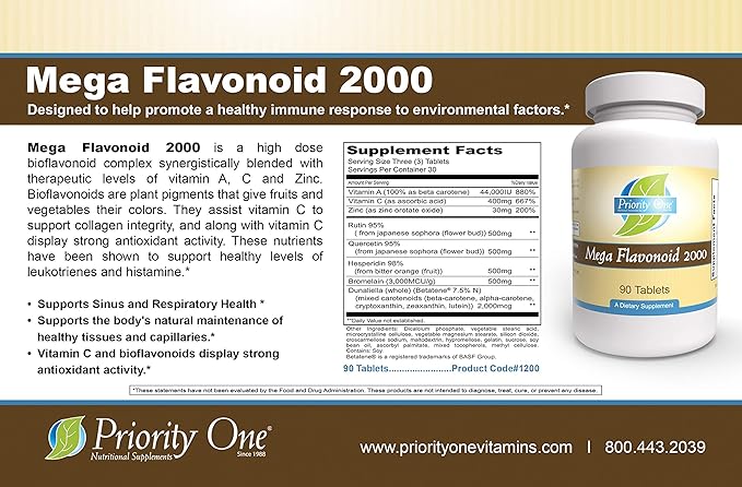 Priority One Vitamins Mega Flavonoid 2000 90 Tablets - Clinically dosed bioflavonoid Combination.