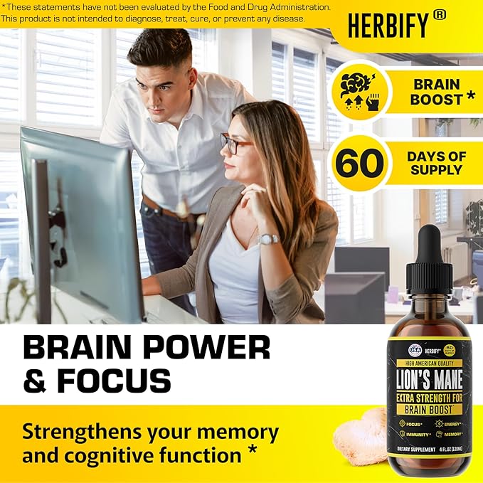 HERBIFY Lions Mane Supplement - Daily Mushroom Supplement for Memory Focus &amp Clarity - Brain Booster - Lions Mane Tincture for Immune Support - 4 Fl oz