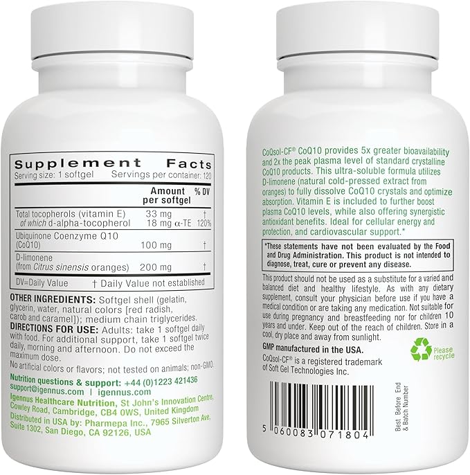 Igennus Advanced CoQ10 100mg 5X Bioavailability CoQsol-CF Boosted with D-Limonene 120 1-a-Day Servings Heart &amp Energy Ubiquinone Coenzyme Q10 &amp Vitamin E Antioxidant