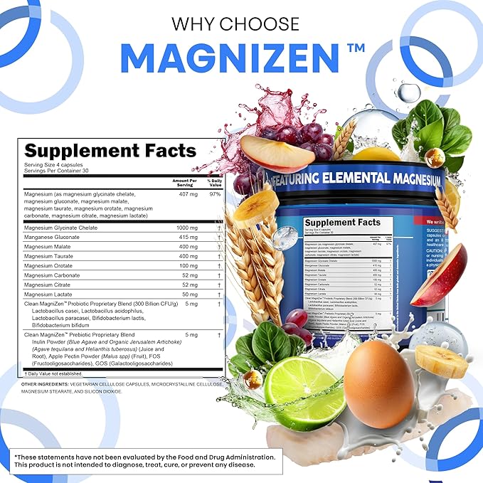 Clean Nutra Magnesium Glycinate Citrate Malate Orotate Taurate Supplement Complex + 10 Strain Probiotic Prebiotics FOS GOS Inulin Sleep Calm Support Apple Pectin – 120 Vegan Capsules