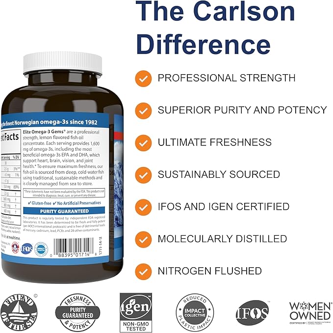Carlson - Elite Omega-3 Gems1600 mg Omega-3 Fatty Acids Including EPA and DHANorwegian Wild-Caught fish oil SupplementSustainably Sourced Capsules Lemon 90+30 Softgels