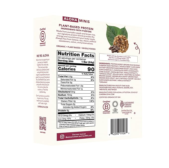 ALOHA Organic Plant Based Protein Bar MINIS | Oatmeal Chocolate Chip | GLP-1 Friendly 20 Count 24g Bars | Vegan Low Sugar Gluten Free Low Carb Non-GMO No Stevia No Soy No Sugar Alcohols