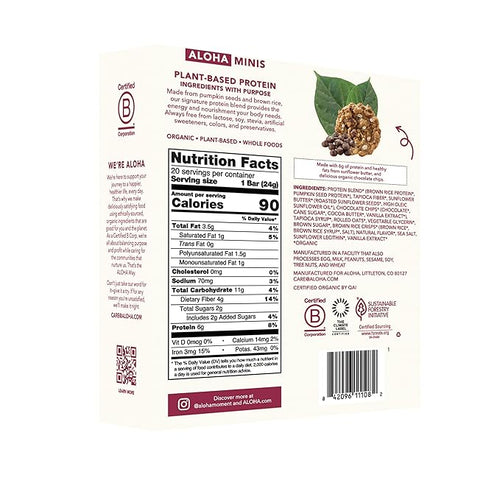 ALOHA Organic Plant Based Protein Bar MINIS | Oatmeal Chocolate Chip | GLP-1 Friendly 20 Count 24g Bars | Vegan Low Sugar Gluten Free Low Carb Non-GMO No Stevia No Soy No Sugar Alcohols