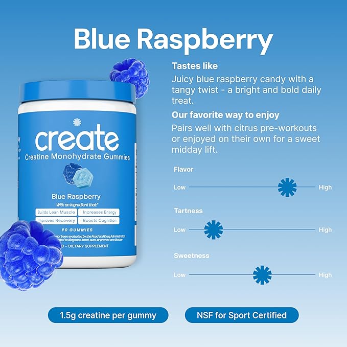 Create Creatine Monohydrate Gummies for Men &amp Women Boost Focus Strength and Endurance Anti-Melting Formula Vegan Gluten-Free Non-GMO 1.5g of Creatine per Gummy (Blue Raspberry)