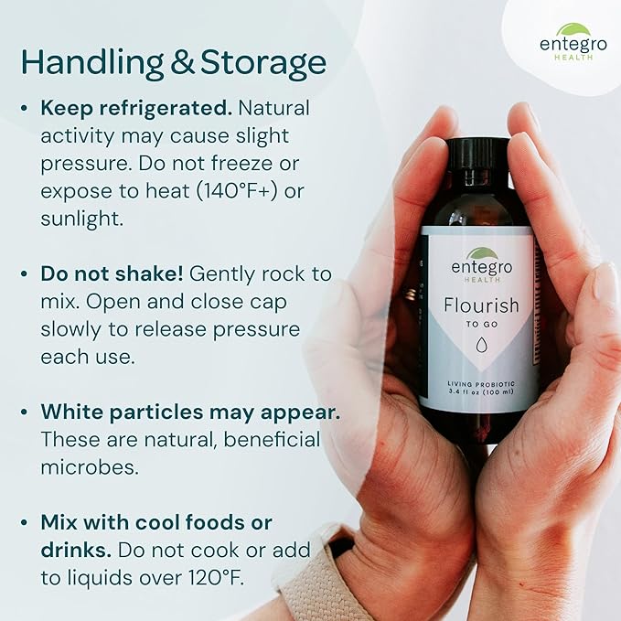 ENTEGRO Flourish to Go Liquid Probiotic &amp Postbiotic Supplement | 11 Live Cultures | Gut &amp Digestive Health for Women Men &amp Kids | Organic Vegan Allergen Free | USA Made | 4 x 3.4 fl oz