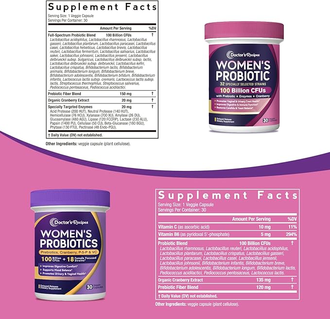 Doctor's Recipes Women’s Probiotics 100 Billion CFU Bundle Vitamin B6 P5P Cranberry Digestion Vaginal Mood Immune Shelf Stable Delayed Release
