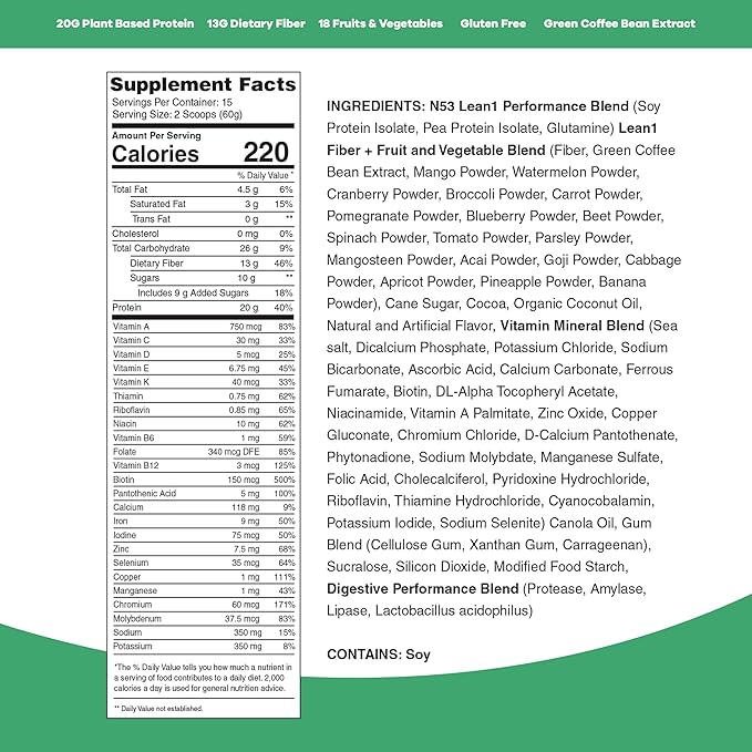Lean1 Plant-Based Meal Replacement Protein Powder Chocolate Flavor 15-Serving Tub