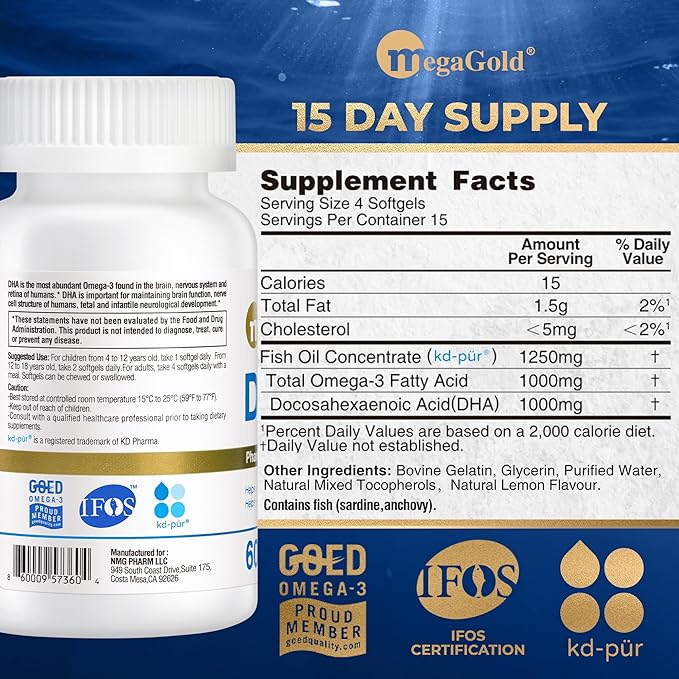 DHA 1000 Fish Oil Omega 3 Supplement - High DHA &amp 1000mg of Omega-3 Fatty Acids Burpless Fish Oil Capsules for Men and Women Supports Brain and Eye Health* - 60 Count Mini Softgels