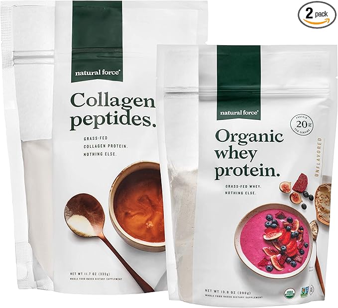 Natural Force Clean Grass Fed Collagen Peptides + Unflavored Organic Whey Protein Bundle – Organic Non GMO Whey Protein &amp Hydrolyzed Type I and III Collagen – 13.8 Ounce Bag and 11.7 Ounce Bag