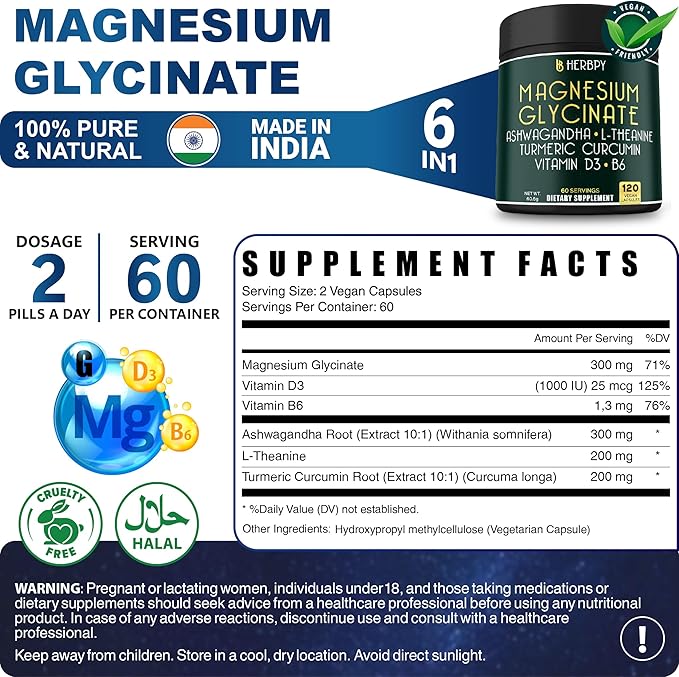 6in1 Restful Day and Night Supplement with Magnesium Glycinate Vitamin D3 B6 L-Theanine Ashwagandha and Turmeric Root - Brain Heart and Digestive Health Support - 120 Vegan Capsules