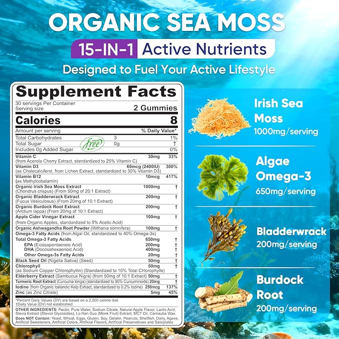 Bundle: Sea Moss Gummies + Algae Omega-3 for Men Women 2 Pack &amp Hmb and L-Leucine Gummies + Electrolyte for Men &amp Women 1 Pack