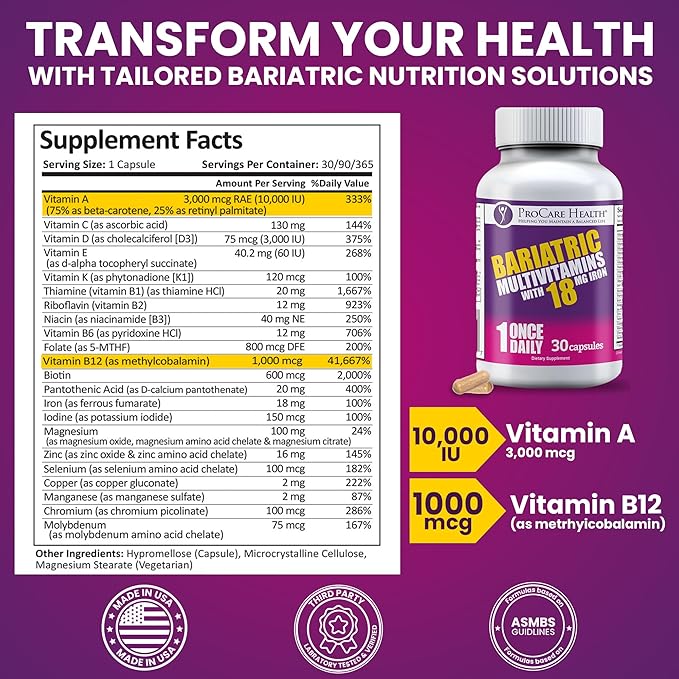 ProCare Health Bariatric Multivitamin with Iron 18mg (30 Easy to Swallow Capsules) - Post Op Bariatric Vitamins for Gastric Bypass Pills - Must Haves for Sleeve Patients (1 Month Supply)