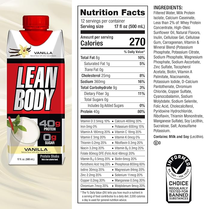 Labrada Lean Body Ready-to-Drink Vanilla Protein Shake40g ProteinWhey Blend0 SugarGluten Free22 Vitamins &amp Minerals17 Fl Oz (Pack of 12) LABRADA