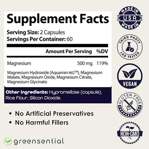 5-in-1 Magnesium Complex 500mg | 2-Month Supply | Glycinate Citrate Malate Oxide &amp Aquamin® | for Sleep Muscle &amp Heart Support | High Absorption 120 Capsules