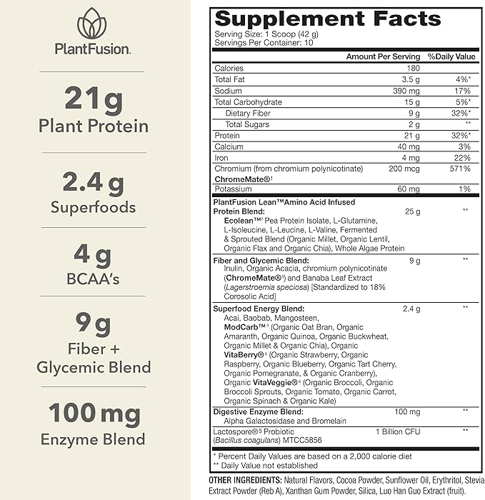 PlantFusion Complete Lean Plant Based Protein Powder - Prebiotic Fiber Superfoods &amp Digestive Enzymes - Vegan Gluten Free Soy Free Non-GMO - Chocolate Brownie 1 lb
