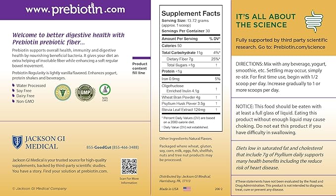 Prebiotin Prebiotic Regularity – 14.52 oz – 30 Servings – Supports Digestive Health &amp Bowel Regularity - Balances Gut Microbiome Boosts Your Own Probiotics &amp Promotes Soft Stool
