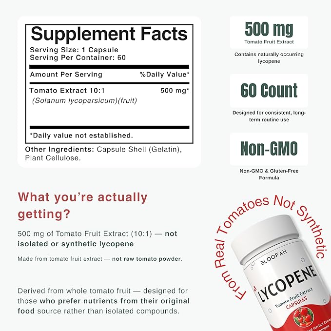 Lycopene Supplements for Men 500mg - Natural Tomato Fruit 10:1 Extract - Non-GMO Lycopene Supplement for Prostate Skin &amp Antioxidant Support - (60 Count (Pack of 1))