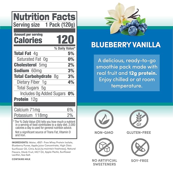 Designer Wellness Protein Smoothie Real Fruit 12g Protein Low Carb Zero Added Sugar Gluten-Free Non-GMO No Artificial Colors or Flavors Blueberry Vanilla 12 Count
