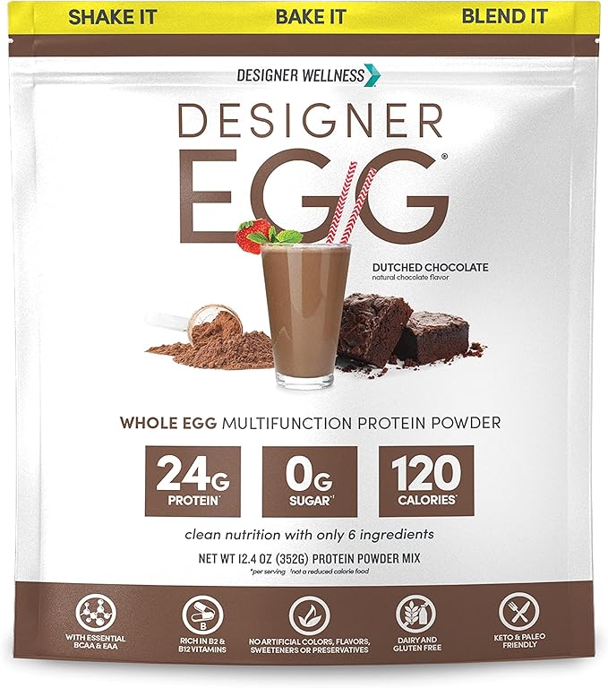 Designer Wellness Designer Egg Natural Egg Yolk &amp White Protein Powder Keto and Paleo Friendly Low Calorie Less Fat and Cholesterol Dutch Chocolate 12.4 Ounce