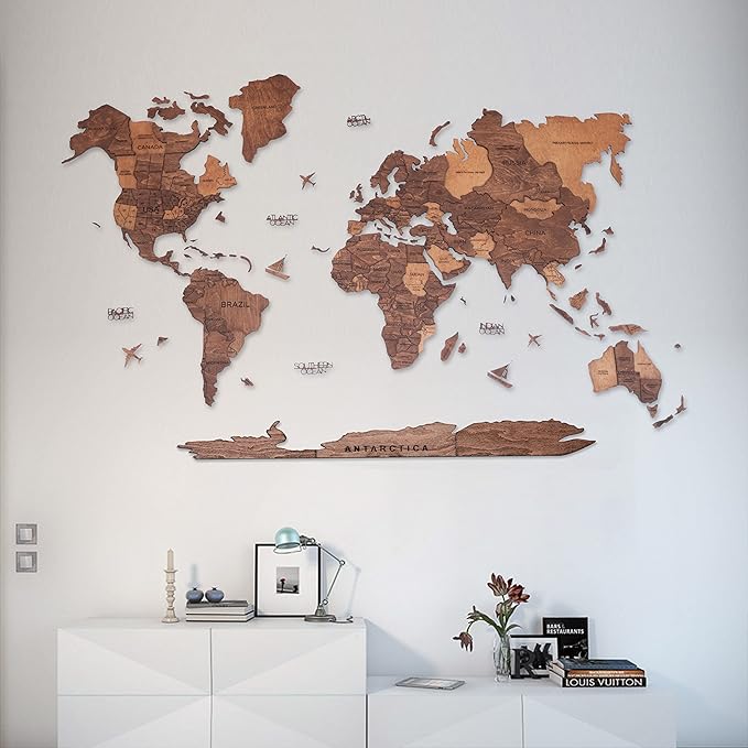 Handmade 3D Wood World Map Wall Art Large Wall Decor Track Your World Travels - Special for Home Kitchen and Office (Large Oak)