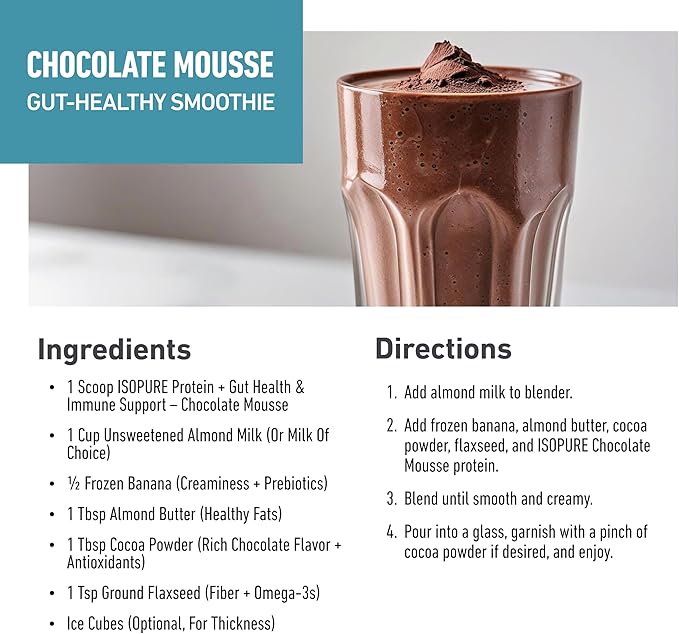 Isopure Protein + Gut Health &amp Immune Support Powder Chocolate Mousse 25g Whey Protein with Prebiotics &amp Vitamins 12 Servings (Pack of 1)