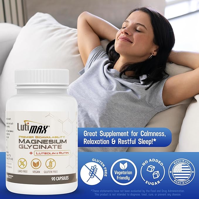 Lutimax Magnesium Glycinate 500mg w/Premium Luteolin &amp Rutin Blend - 100mg Elemental Magnesium for Stress Calm Relaxation &amp Sleep Support - Vegan Non-GMO Gluten Free &amp Made in USA -