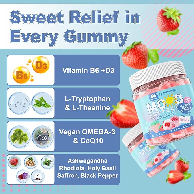 Ashwagandha Saffron Calm Gummies + Omega 3 L-Theanine &amp CoQ10 for Women Men Natural Calming Happy Relax Gummies for Adults Mood Support Supplement Gummy Strawberry Flavor Sugar Free Vegan 6