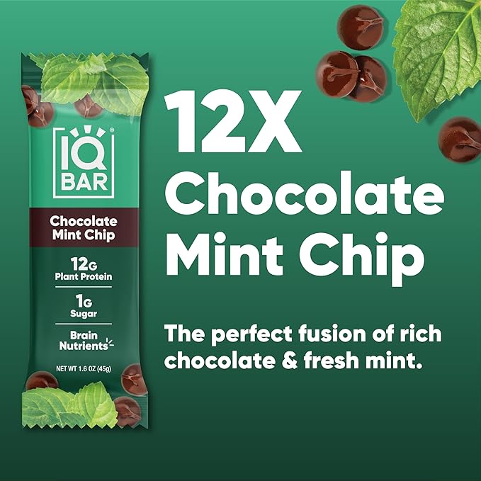 IQBAR Clean Plant Protein Bars - Chocolate Mint Chip - 12 Count - Keto Vegan High Fiber Gluten and Dairy Free Low Sugar Snack - Brain and Body Nutrients for Focus Energy Meal Replacement