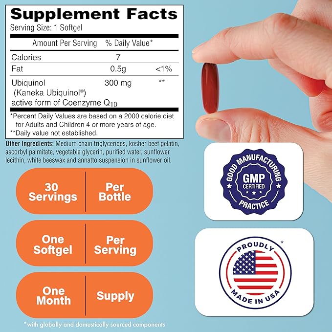 Health Thru Nutrition Ubiquinol 300mg 30 Softgels as Kaneka QH Reduced CoQ-10 | Stabilized - 3rd Party Tested | Enhanced Bioavailability | Cardiovascular &amp Mitochondria Function Support | Non-GMO