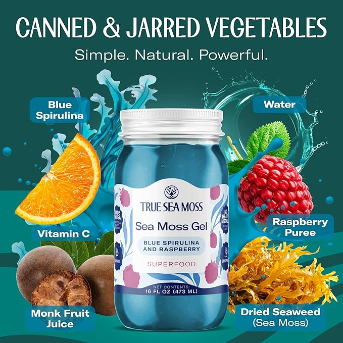 TrueSeaMoss Sea Moss Gel – Made in USA – Wildcrafted Seamoss Fruits &amp Jarred Vegetables – Blue Spirulina Pack of 2 (Labels may Vary)