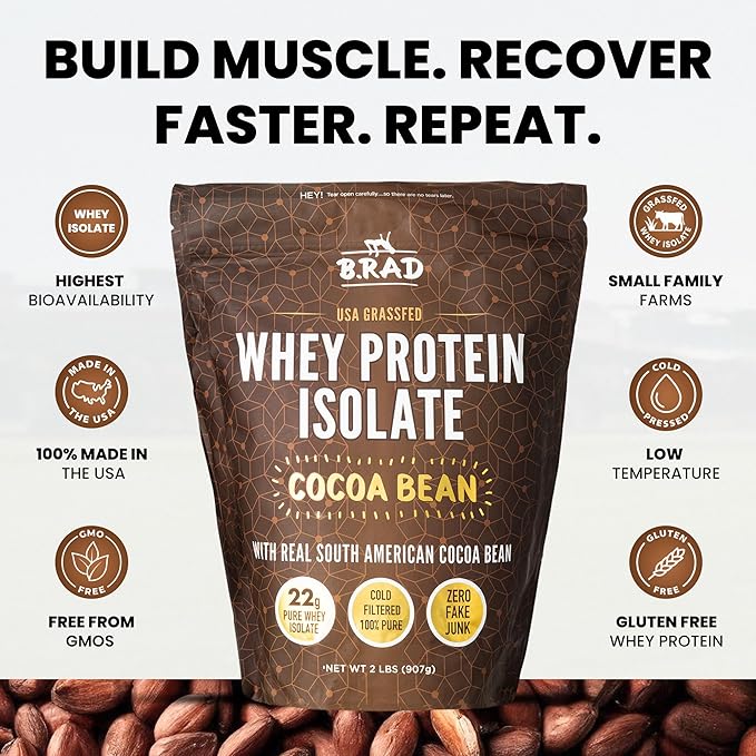 B.rad Grass Fed Whey Protein Isolate | Ultra-Pure All-Natural Clean Ingredients | 2 Pounds | 100% USA Sourced | Cocoa Bean (Chocolate)