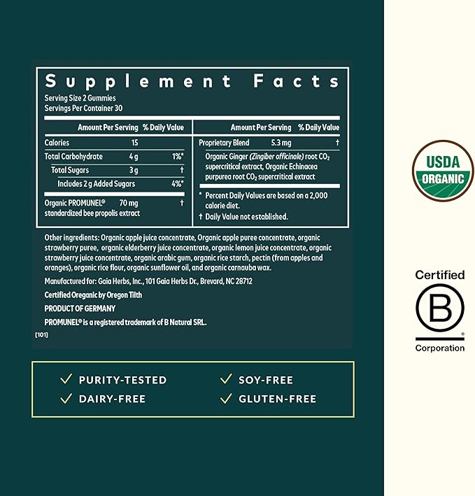 Gaia Herbs Rapid Defense Gummies - Supports Immune Health* - with Propolis Ginger &amp Echinacea - USDA Organic - 60 Vegetarian Gummies (30 Servings)