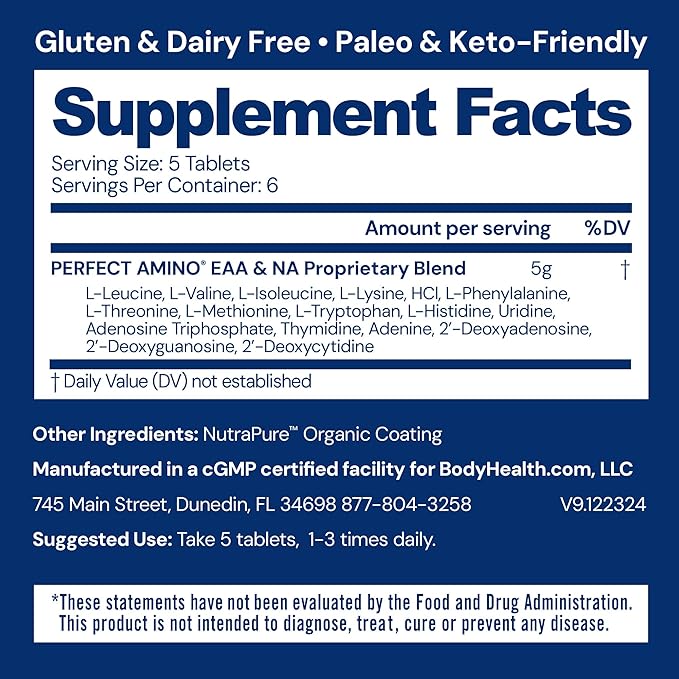 BodyHealth PerfectAmino Easy to Swallow Tablets Essential Amino Acids Supplement with BCAAs Vegan Protein for Pre/Post Workout &amp Muscle Recovery with Lysine Tryptophan Leucine (36 Servings)