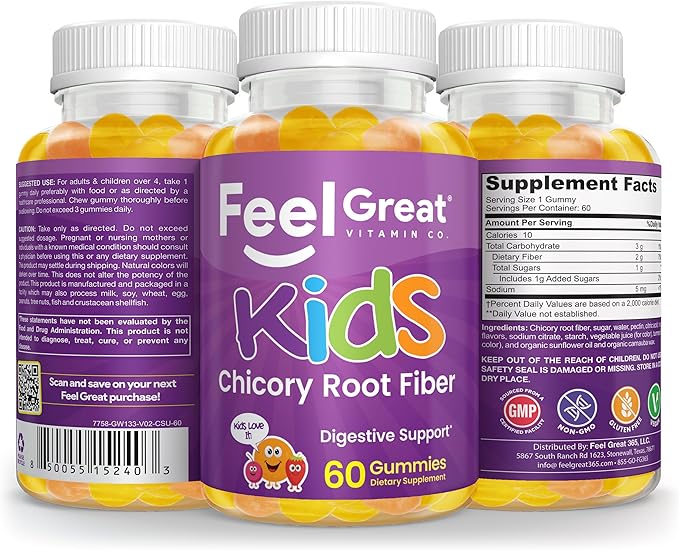The Feel Great Vitamin Company Fiber Gummies for Kids for Digestive Support | Constipation Relief for Kids | Fruity Flavored Chewable Fiber Gummies | Vegetarian Supplements | 60 Day Supply