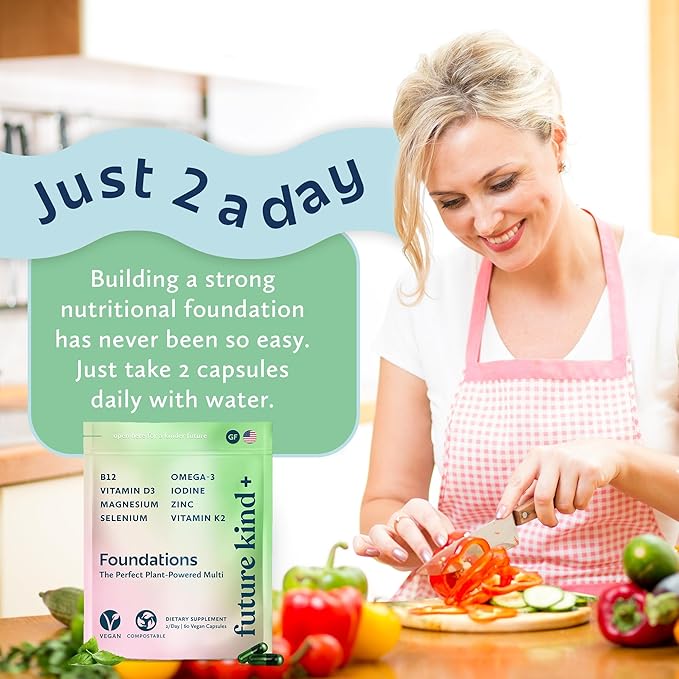 Future Kind Carrageenan-Free Foundations Multivitamin for Women &amp Men with Omega-3 B12 D3 Zinc Iodine Magnesium K2 &amp Selenium Vegan Compostable Bag (60ct)