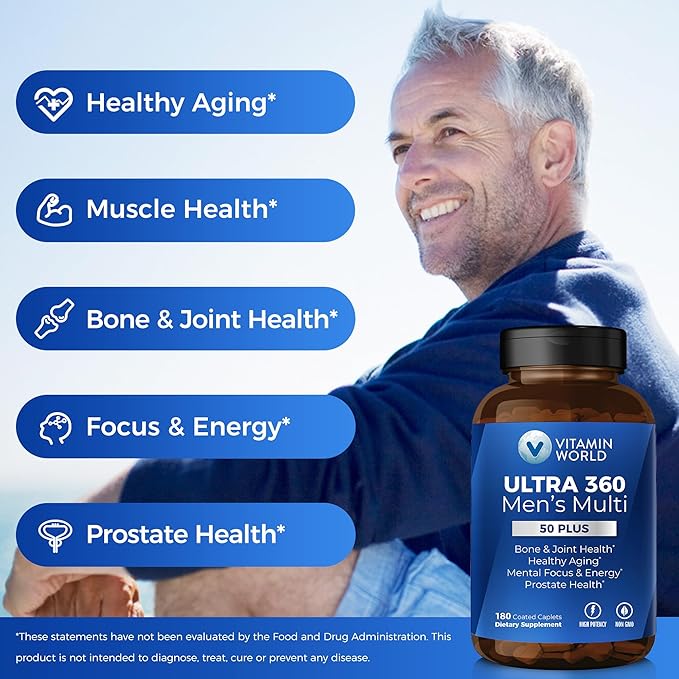 Vitamin World Ultra 360 Multivitamin for Men 50 Plus Men's 50+ Multivitamin with Minerals &amp Herbs for Prostate Function Supplement with Vitamin A C D E &amp Zinc for Healthy Aging 180 Caple