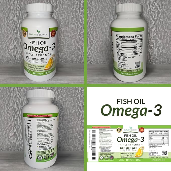 Triple Strength Omega 3 Fish Oil Supplements 2400mg | 120 Capsules Burpless High Potency Lemon Flavor High EPA DHA for Men &amp Women Ultra Pure Softgels | Joint Support Eyes Heart Brain Health P