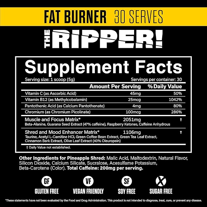 JNX SPORTS The Ripper! Fat Burner Pre Workout for Men &amp Women – Thermogenic Fat Burning Powder &amp Appetite Suppressant Boost Energy &amp Endurance – Pineapple Shred 30 Servings