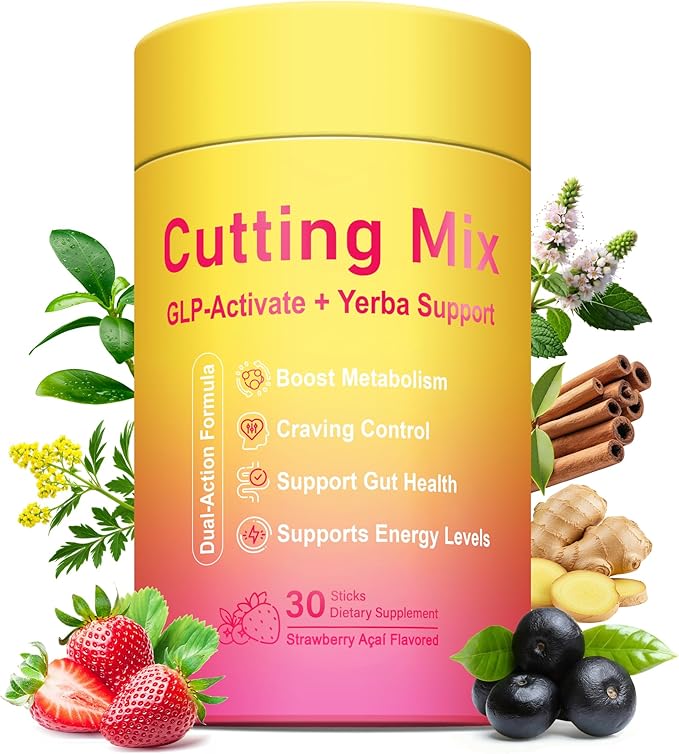 Cutting Drink Mix – GLP-1 Drink Mix with 5-HTP Yerba Mate &amp Magnesium FOS | Supports Satiety Signaling Energy &amp Gut Health | Strawberry Açaí Flavor – 30 Servings