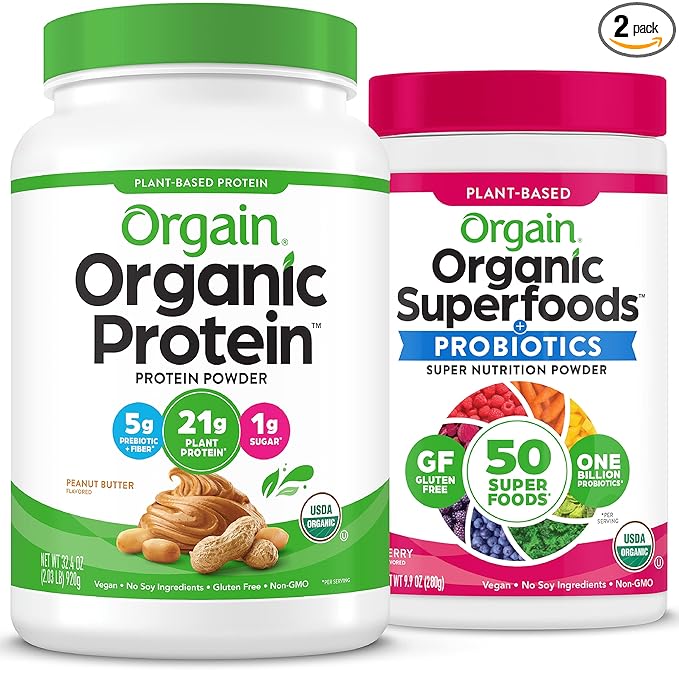 Orgain Organic Vegan Protein Powder (Peanut Butter) and Orgain Organic Greens Powder (Berry) - Plant Based Protein and Superfoods