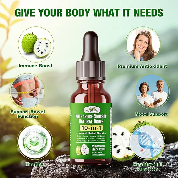 Nutrapure Soursop Herbal Drops with Sea Moss Ashwagandha &amp Moringa 10-in-1 Liquid Supplement for Immune Support Antioxidant Properties Gut Health Maintenance and Cardiovascular Wellness 2 pac