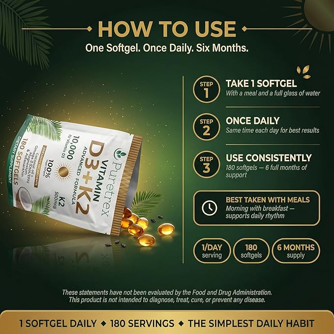 Vitamin D3 10000 IU + K2 MK-7 (500mcg) | High-Strength Vegan D3 from Lichen | Omega-3 DHA/EPA Astaxanthin Black Seed Oil &amp Algal DHA | Immune Bone Heart &amp Muscle Support | 180 Softgels