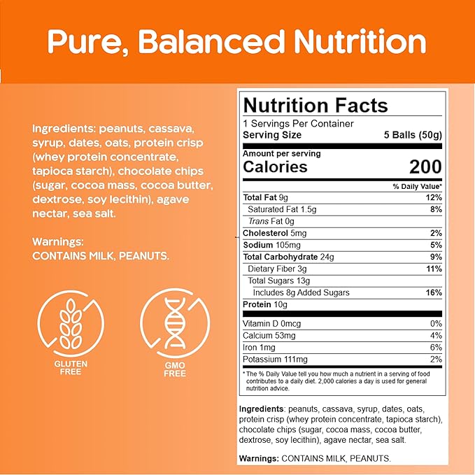 CirC Energy Bites - 12 Pack Peanut Chocolate Chip Gluten Free Protein Balls - 10g Protein Whole Grains Nuts &amp Fruit - Portable Healthy Snacks for Adults &amp Kids 5 Piece Resealable Packs