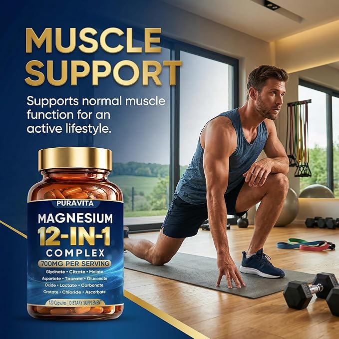 Puravita 12 in 1 Magnesium Complex Capsules - 700mg High Absorption Blend with Glycinate Citrate Malate Oxide &amp Taurate. Supports Muscle Function Nerve Health &amp Relaxation - 120 Capsules (