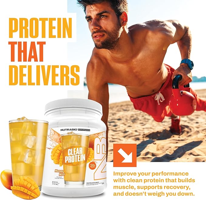 NutraBio Clear Protein Powder Mango Mist - 20 Servings 20g Clear Whey Protein Isolate 0 Sugar 0g Lactose Refreshing Fruit Flavors GLP1 Support - Bone Health - Muscle Post Workout Recovery