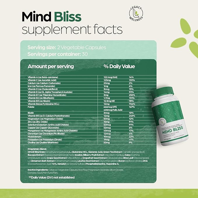 Mind Bliss Brain Supplement: 40-Ingredient Memory Focus &amp Clarity Vitamins Energy Boost &amp Nootropic Support with DMAE 60 Pills