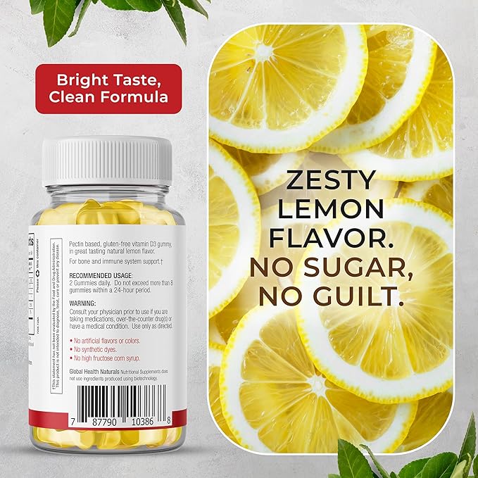 Sugar Free Vitamin D3 Gummies for Adults - Vegan Pectin-Based Gummy Vitamin D - 1000 IU Natural Lemon Flavor - Gluten Free Dairy Free Soy Free Daily D3 Gummies for Women &amp Men - 60 Count