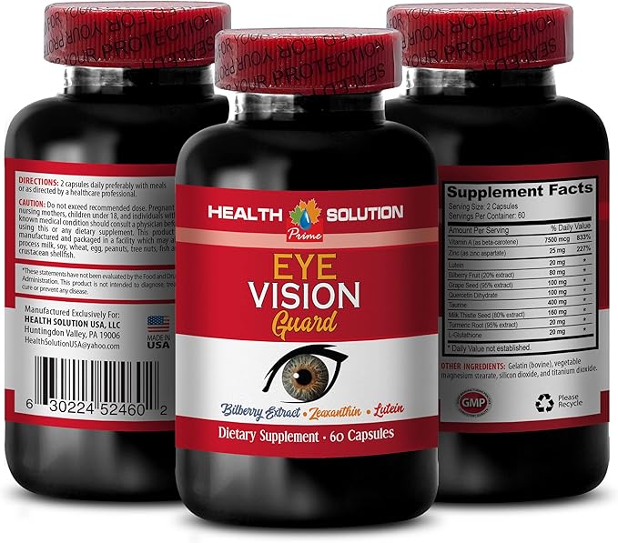 Vitamins for Eye Care - Maximum Vision Support - Promotes Healthy Vision - l-Taurine Supplement Lutein Bilberry Fruit Grape Seed Quercetin Dihydrate L-Taurine Vitamin A Pills 2 Bot 120 Caps