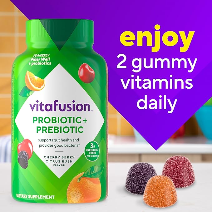vitafusion Probiotic + Prebiotic Fiber Gummies for Adults Probiotic Supplement with Prebiotic Fiber to Support Gut Health and Provide Good Bacteria (1) Cherry Berry Citrus Rush Flavor 60 Count